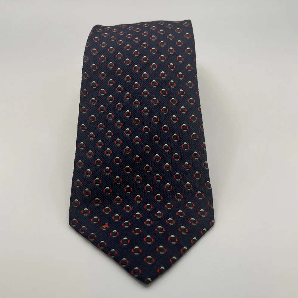 Turnbull & Asser Dark Navy Blue Red Geometric Pattern Silk Tie Made In England